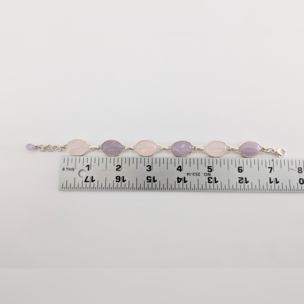 Vintage '90s Amethyst & Rose Quartz Cabochon Linked Sterling Silver Bracelet - Picture 11 of 15